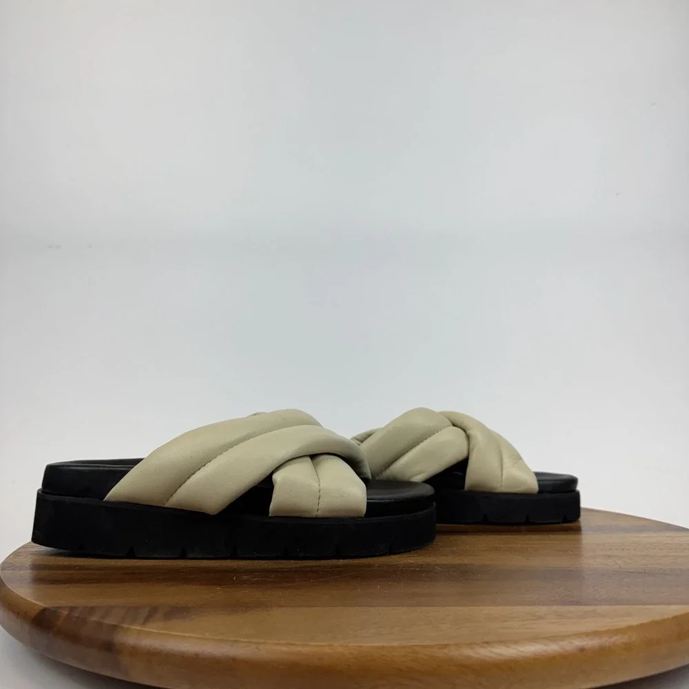 Womens Seychelles Driving Force‎ Ivory Leather Crisscross Platform Slides Size 6